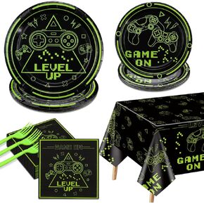Video Game Party Decorations - 81Pcs Green Gaming Birthday Decorations Includes Game On Plates, Napkins, Tablecloth for Boys Level Up Birthday Decorations Game On Party Supplies, Serve 20