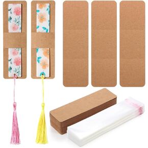 200 Pcs Bookmark Holder Set Kraft Bookmark Sleeves Transparent Self Adhesive Bag DIY Blank Bookmark Cover Display Cards for Bookmark Wrapping Small Business Packaging Supplies Party Favor Gift