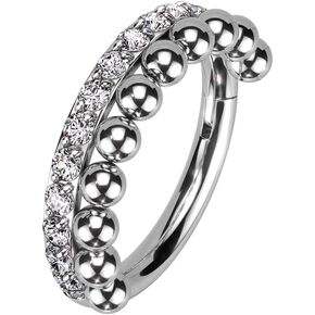 Pierced Owl 16GA 316L Stainless Steel CZ Crystal and Beaded Ball Lined Hinged Segment Ring