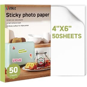 Uinkit 50 ورقة قابلة للطباعة ورق صور لاصق لامع مقاس 4 × 6 بوصات ورقة كاملة نفث الحبر ذاتية اللصق ملصق ورق صور لسكرابوكينغ، شعار العلامة التجارية، ملصقات ديكور الحفلات