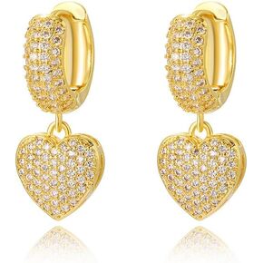 Luxury CZ Heart Love Dangle Hoop Earrings for Women Girls Dainty 14K Gold Plated Crystal Love Heart Huggie Hoops Earring Trendy Delicate Hypoallergenic Jewelry Birthday Gift Hear