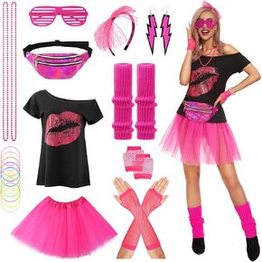 SISKIN 80s Costumes for Women, 80's Shirt Tutu Fanny Pack Headband Earring Necklace Fishnet Gloves Leg Warmers Outfit
