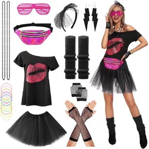 أزياء SISKIN 80s للنساء، قميص 80's Tutu Fanny Pack عصابة رأس وأقراط وقلادة شبكة صيد السمك وقفازات لتدفئة الساق