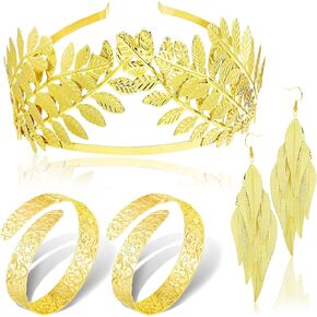 RechicGu 4 Pieces Grecian Greek Roman Toga Goddess Princess Queen Costume Set Golden Laurel Leafs Wedding Headpiece Hair Corwn + Arm cuff Earrings Jewelry Set Bridal AccessoriesFor Women Girls