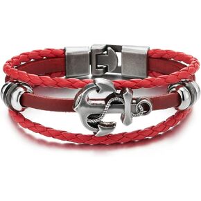 COOLSTEELANDBEYOND Mens Anchor Red Braided Leather Bracelet Multi-Strand Leather Wristband Wrap Bracelet