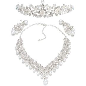 FRCOLOR Crown Tiaras for Women Wedding Bridal Jewelry Sets Rhinestone Pearl Crown Crystal Necklace Earrings Accessories for Halloween Wedding Prom