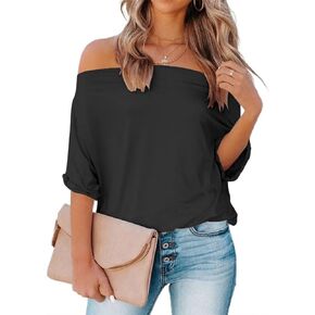 Ezbelle Women's Off The Shoulder Tops Boat Neck Short Sleeve Batwing Shirts Summer Loose Tunic Blouse