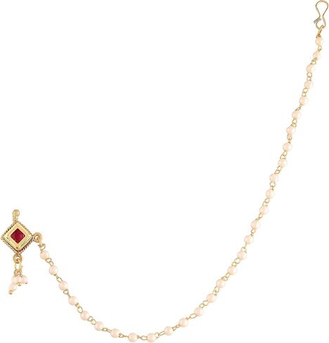 I Jewels خاتم أنف زفاف هندي مطلي بالذهب عيار 18 قيراط من بوليوود عرقي / ناث بدون ثقب مع سلسلة لؤلؤ مغطاة بحجر اللؤلؤ للنساء/الفتيات (NL36) in Saudi Arabia