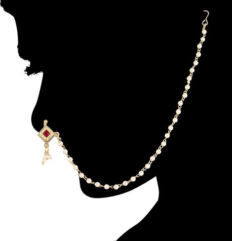 I Jewels خاتم أنف زفاف هندي مطلي بالذهب عيار 18 قيراط من بوليوود عرقي / ناث بدون ثقب مع سلسلة لؤلؤ مغطاة بحجر اللؤلؤ للنساء/الفتيات (NL36) in Saudi Arabia