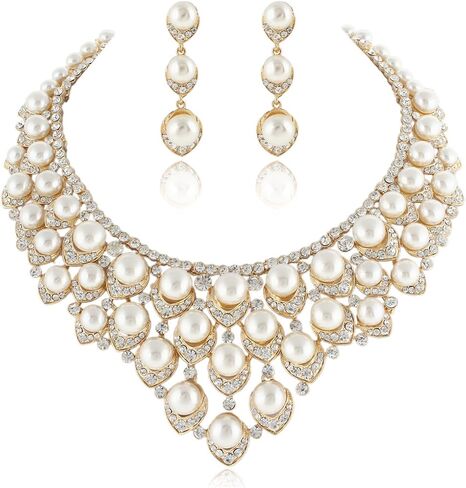 EVER FAITH Crystal Ivory Color Simulated Pearl V-Shaped Cluster Necklace Earrings Jewelry Set Clear Gold-Tone in Saudi Arabia