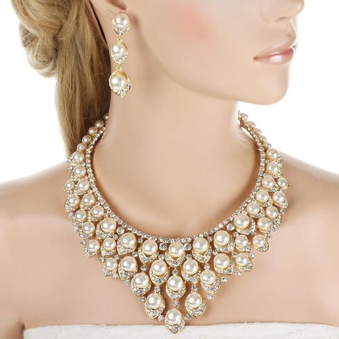 EVER FAITH Crystal Ivory Color Simulated Pearl V-Shaped Cluster Necklace Earrings Jewelry Set Clear Gold-Tone in Saudi Arabia
