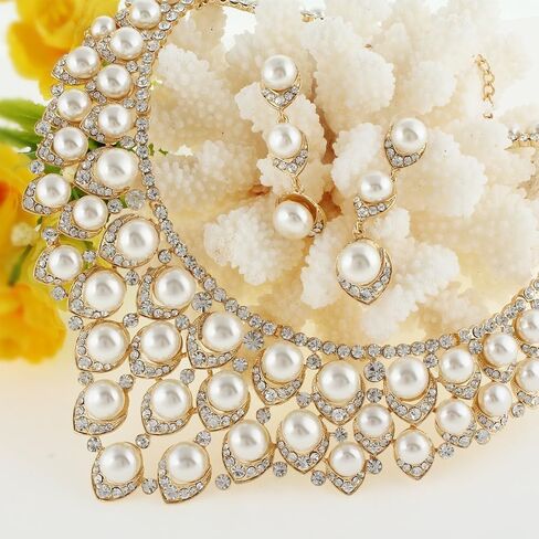 EVER FAITH Crystal Ivory Color Simulated Pearl V-Shaped Cluster Necklace Earrings Jewelry Set Clear Gold-Tone in Saudi Arabia