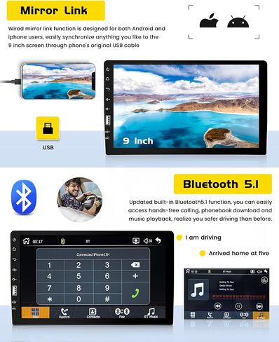 9 Inch Touch Screen Single Din Car Stereo with Apple Carplay Android Auto, Hikity Car Radio Bluetooth Car Audio Support Mirror Link FM AM/USB/EQ Setting + Backup Camera in Saudi Arabia