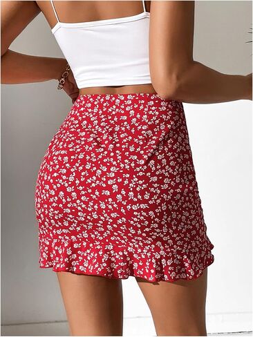 WDIRARA Women's Ditsy Floral Print Ruffle Hem Mini Hip Skirts Drawstring Side Ruched Bodycon Mini Skirt in Saudi Arabia