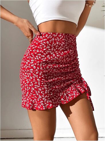 WDIRARA Women's Ditsy Floral Print Ruffle Hem Mini Hip Skirts Drawstring Side Ruched Bodycon Mini Skirt in Saudi Arabia