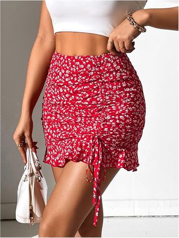 WDIRARA Women's Ditsy Floral Print Ruffle Hem Mini Hip Skirts Drawstring Side Ruched Bodycon Mini Skirt in Saudi Arabia