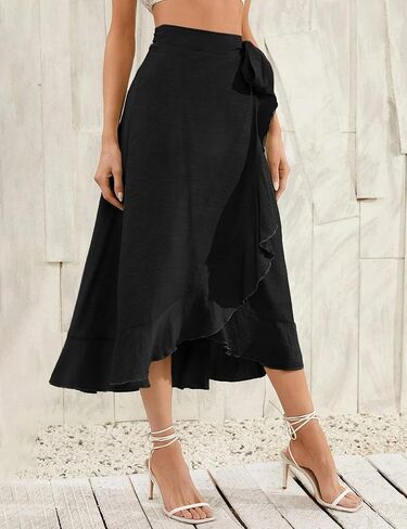 تنورة نسائية صيفية عالية الخصر ملفوفة مكشكشة وفتحة جانبية وحزام خصر قابل للتعديل in Kuwait