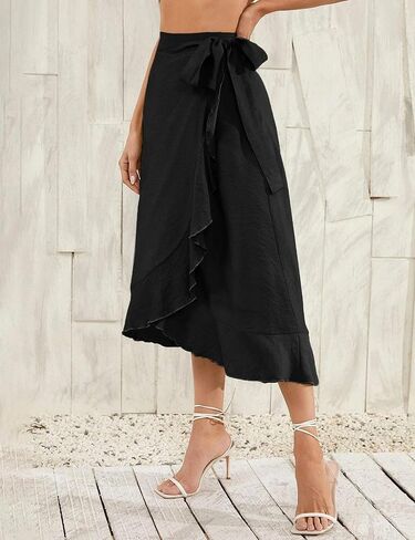 تنورة نسائية صيفية عالية الخصر ملفوفة مكشكشة وفتحة جانبية وحزام خصر قابل للتعديل in Kuwait