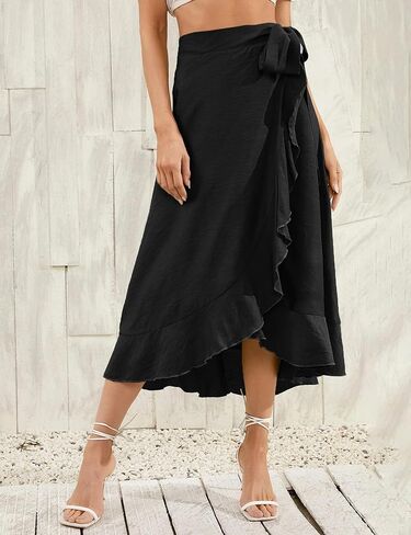 تنورة نسائية صيفية عالية الخصر ملفوفة مكشكشة وفتحة جانبية وحزام خصر قابل للتعديل in Kuwait