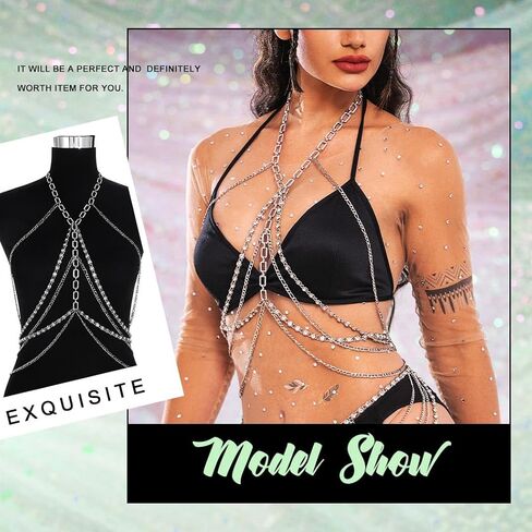 ريتان الفضة حجر الراين سلسلة مجوهرات الجسم كريستال الصدر سلاسل الطبقات بيكيني سلسلة الصدرية للنساء in Kuwait