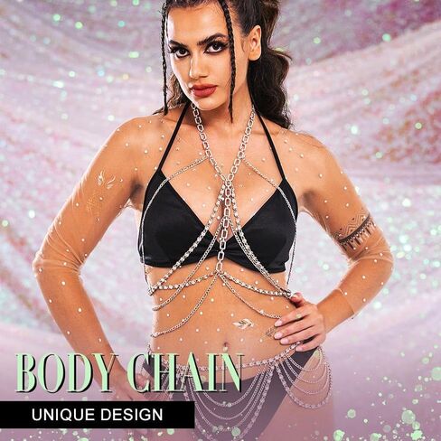 ريتان الفضة حجر الراين سلسلة مجوهرات الجسم كريستال الصدر سلاسل الطبقات بيكيني سلسلة الصدرية للنساء in Kuwait