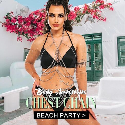 ريتان الفضة حجر الراين سلسلة مجوهرات الجسم كريستال الصدر سلاسل الطبقات بيكيني سلسلة الصدرية للنساء in Kuwait