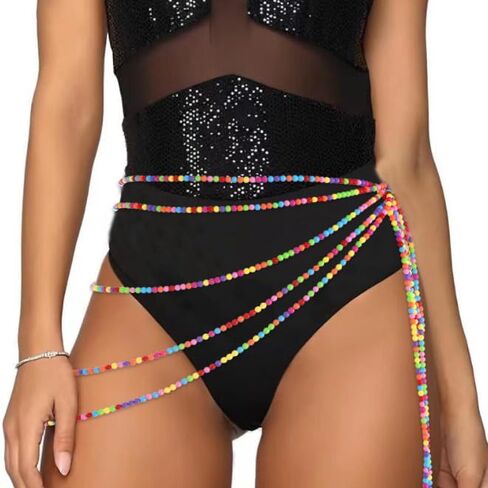 سلسلة خصر مطرزة بألوان قوس قزح من Zoestar Boho، سلسلة بطن من الخرز الملون، سلسلة صيفية للشاطئ، إكسسوارات للجسم للنساء in Kuwait