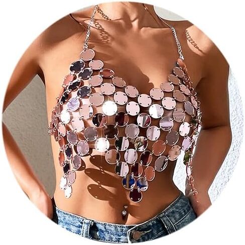 Sequins Body Chain Bra Top Rose Gold Crop Top Chain Sexy Backless Beach Bikini Club Chest Body Chain Jewelry for Women in Kuwait