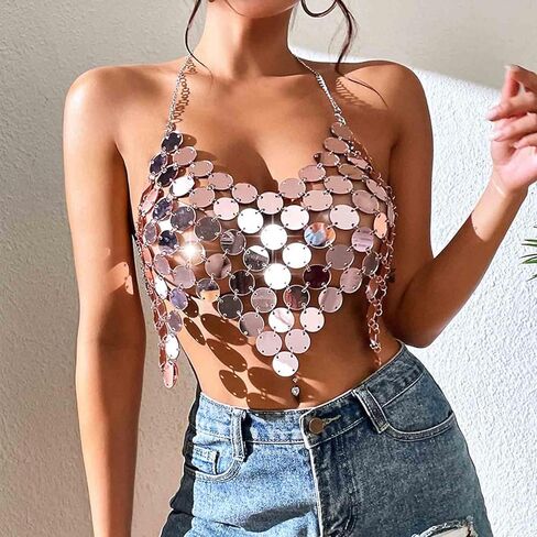 Sequins Body Chain Bra Top Rose Gold Crop Top Chain Sexy Backless Beach Bikini Club Chest Body Chain Jewelry for Women in Kuwait