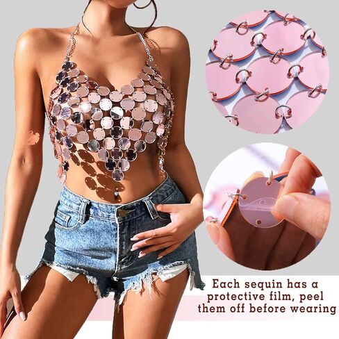 Sequins Body Chain Bra Top Rose Gold Crop Top Chain Sexy Backless Beach Bikini Club Chest Body Chain Jewelry for Women in Kuwait