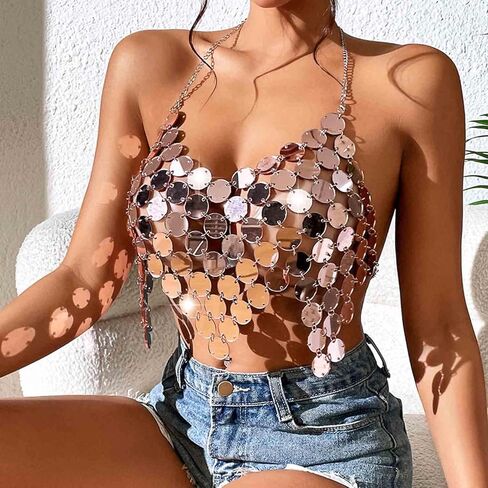 Sequins Body Chain Bra Top Rose Gold Crop Top Chain Sexy Backless Beach Bikini Club Chest Body Chain Jewelry for Women in Kuwait