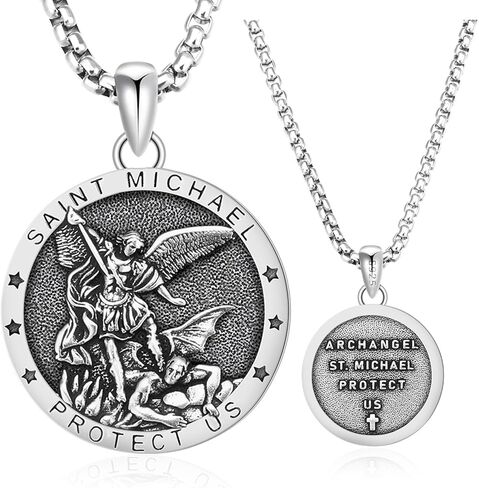Saint Necklace 925 Sterling Silver St Michael Pendant for Men Women Patron Archangel Michael Necklace Saint Religious Amulet Medal Jewelry with 2.5mm 22"+2" Stainless Steel Chain in Saudi Arabia