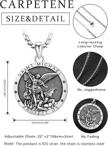 Saint Necklace 925 Sterling Silver St Michael Pendant for Men Women Patron Archangel Michael Necklace Saint Religious Amulet Medal Jewelry with 2.5mm 22"+2" Stainless Steel Chain in Saudi Arabia