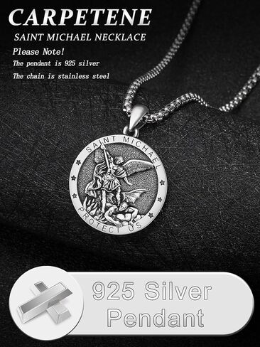 Saint Necklace 925 Sterling Silver St Michael Pendant for Men Women Patron Archangel Michael Necklace Saint Religious Amulet Medal Jewelry with 2.5mm 22"+2" Stainless Steel Chain in Saudi Arabia