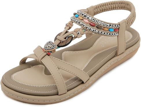 Womens T-Strap Sandals Bohemian Beaded Flat Sandals Ladies Comfortable Open Toe Elastic Ankle Strap Sandals Dress Summer Beach Shoes in Saudi Arabia