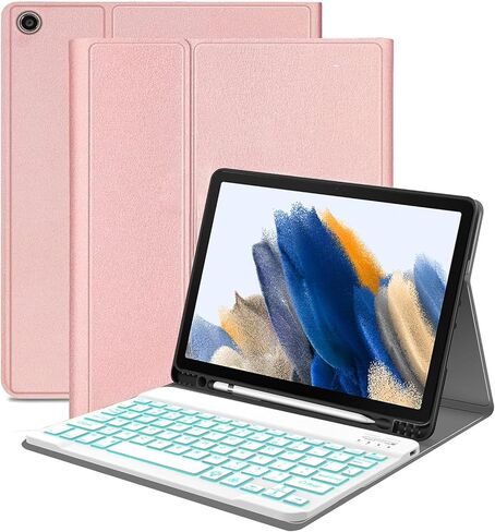 حافظة لوحة مفاتيح Samsung Galaxy Tab A8 مقاس 10.5 بوصة موديل 2022 (SM-X200/X205/X207)، غطاء ناعم نحيف مع حامل قلم S مدمج، لوحة مفاتيح بلوتوث لاسلكية قابلة للفصل، 7 ألوان خلفية، وردي in Kuwait