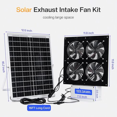 Solar Powered Fan with Rechargeable Battery, 25w Solar Panel Exhaust Fan with 16Ft On/Off Cable for Outside/Inside Shed, Chicken Coop, Warehouse, Doghouses Cooling Ventilation in Kuwait