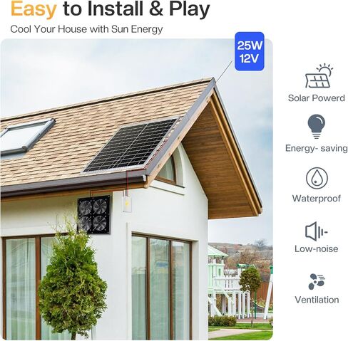 Solar Powered Fan with Rechargeable Battery, 25w Solar Panel Exhaust Fan with 16Ft On/Off Cable for Outside/Inside Shed, Chicken Coop, Warehouse, Doghouses Cooling Ventilation in Kuwait