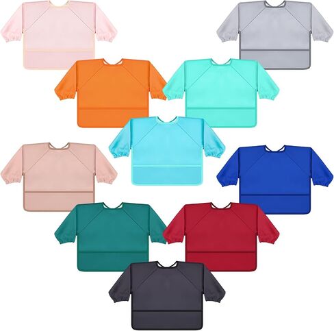 10 Colors Long Sleeve Baby Bibs Waterproof Sleeved Bibs for Feeding Mess Proof Infant Smock Soft Adjustable Baby Bib Outfit with Pocket Baby Eating Bib for Boys Girls Teething Weaning in Saudi Arabia