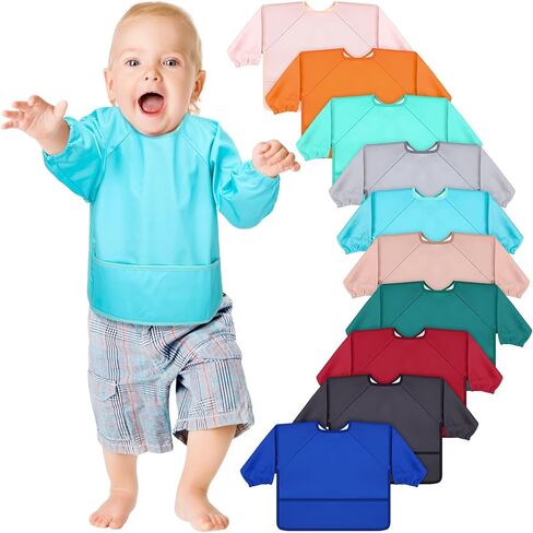 10 Colors Long Sleeve Baby Bibs Waterproof Sleeved Bibs for Feeding Mess Proof Infant Smock Soft Adjustable Baby Bib Outfit with Pocket Baby Eating Bib for Boys Girls Teething Weaning in Saudi Arabia