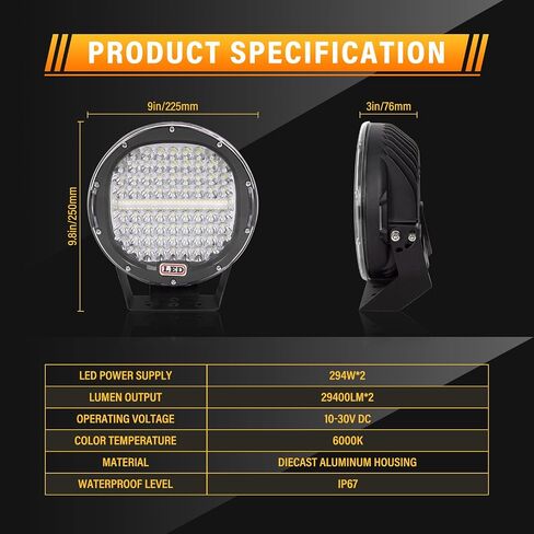 Willpower 2 Pieces 9 inch 294W LED Pods Light Bar Black Round 24000Lm Waterproof Spot Beam Led Work Light Off Road Lights Driving Light Compatible with Truck SUV ATV Tractor Boat in Saudi Arabia