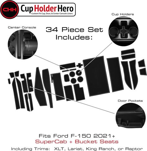 CupHolderHero يناسب ملحقات Ford F150 2021-2023، حشوات حامل أكواب داخلية فاخرة مضادة للانزلاق ومضادة للغبار، وسجادات وحدة التحكم المركزية، وبطانات جيب الباب، مجموعة 38 قطعة (دلو SuperCrew) (زخرفة برتقالية) in Kuwait