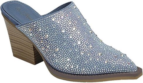 Forever Women Pointed Toe Rhinestone Slip on Mules Chunky Heel Sandals in Saudi Arabia