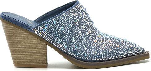 Forever Women Pointed Toe Rhinestone Slip on Mules Chunky Heel Sandals in Saudi Arabia
