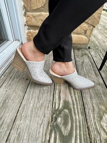 Forever Women Pointed Toe Rhinestone Slip on Mules Chunky Heel Sandals in Saudi Arabia