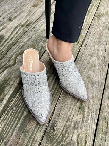 Forever Women Pointed Toe Rhinestone Slip on Mules Chunky Heel Sandals in Saudi Arabia