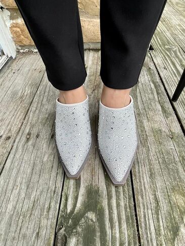 Forever Women Pointed Toe Rhinestone Slip on Mules Chunky Heel Sandals in Saudi Arabia