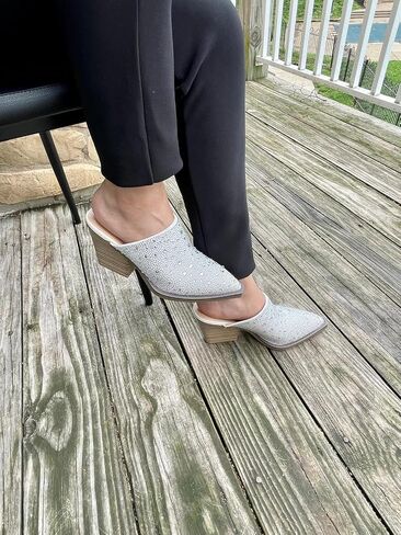 Forever Women Pointed Toe Rhinestone Slip on Mules Chunky Heel Sandals in Saudi Arabia