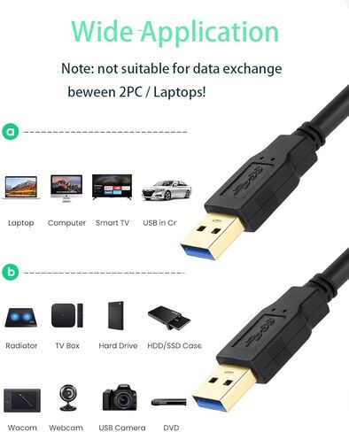 كابل USB 3.0 ذكر إلى ذكر بطول 10 أقدام USB إلى كابل USB من النوع A ذكر إلى سلك ذكر 5 جيجابت في الثانية مزدوج USB إلى USB كابل متوافق مع مروحة تبريد القرص الصلب/مشغل أقراص DVD والمزيد (أسود، 10 أقدام) in Kuwait