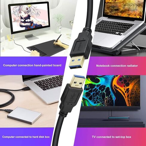 كابل USB 3.0 ذكر إلى ذكر بطول 10 أقدام USB إلى كابل USB من النوع A ذكر إلى سلك ذكر 5 جيجابت في الثانية مزدوج USB إلى USB كابل متوافق مع مروحة تبريد القرص الصلب/مشغل أقراص DVD والمزيد (أسود، 10 أقدام) in Kuwait